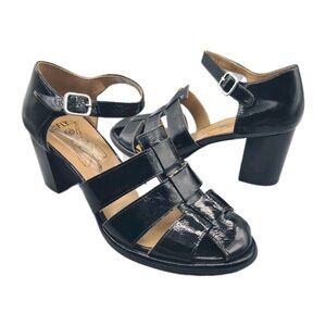 Fly London Womens Sandals Shoes Marg Black Patent Heel Ankle Strap 11-11.5 New